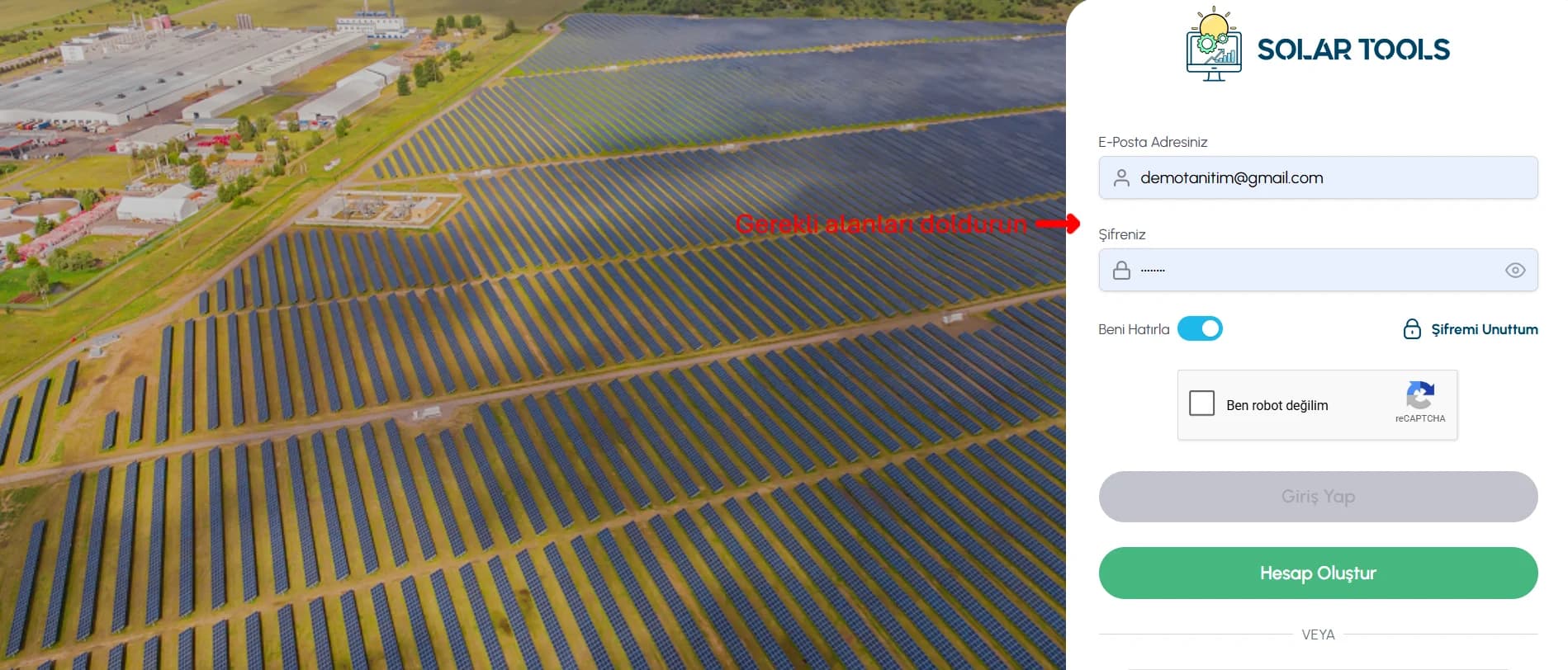 SolarTools login screen