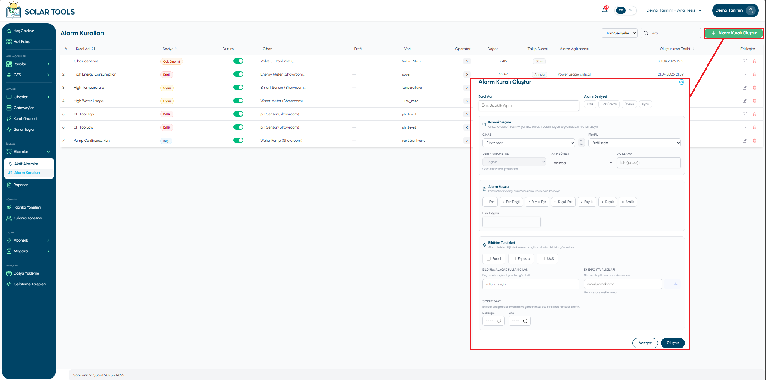 Alarm Rule Creation Screen