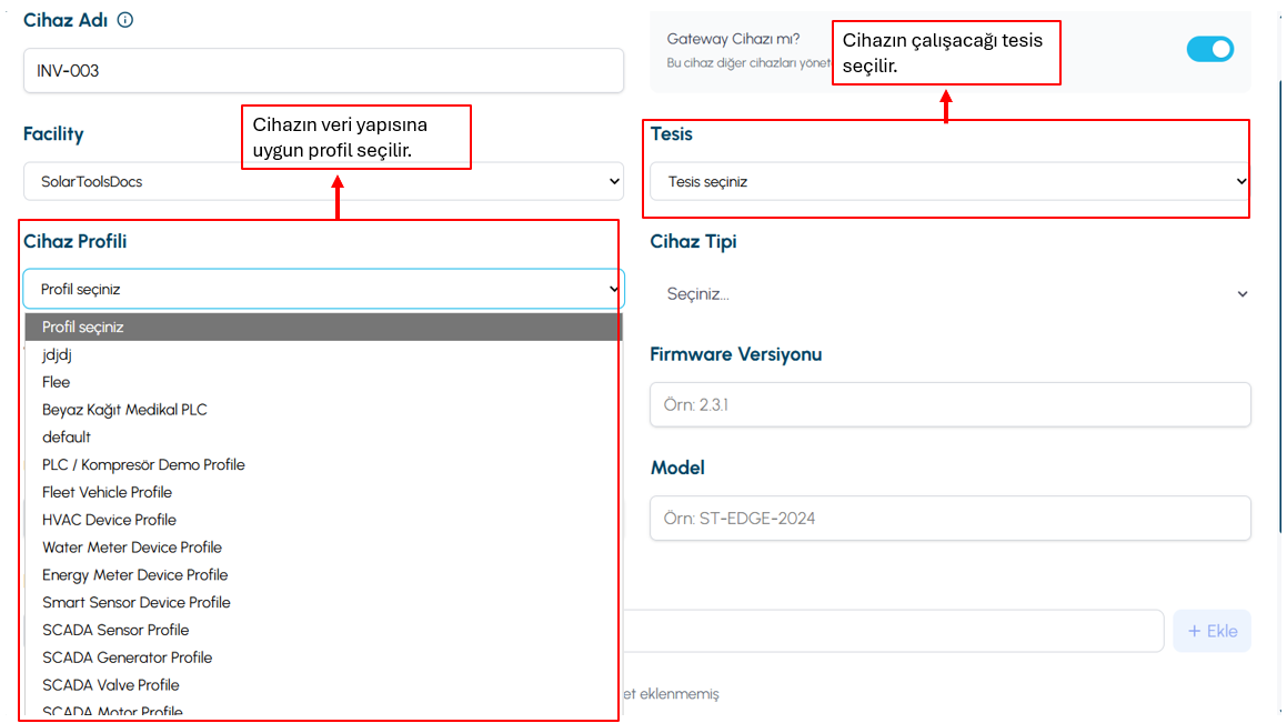 Device profile and facility selection