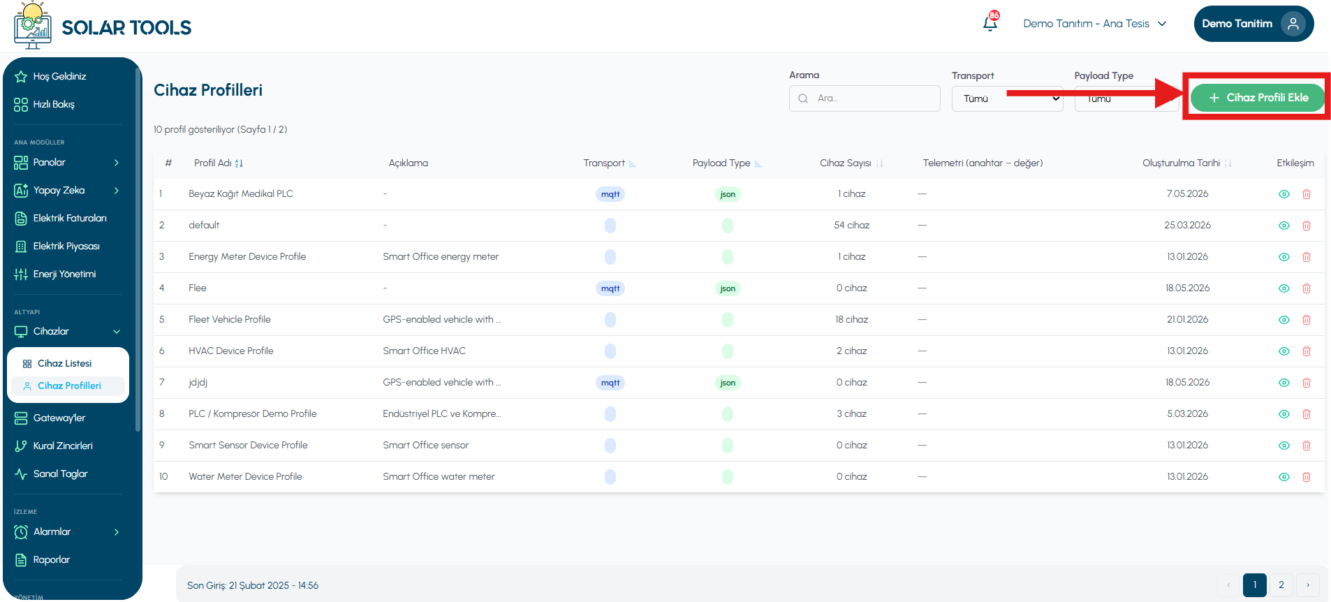 Device Profiles list and the + Add Device Profile button