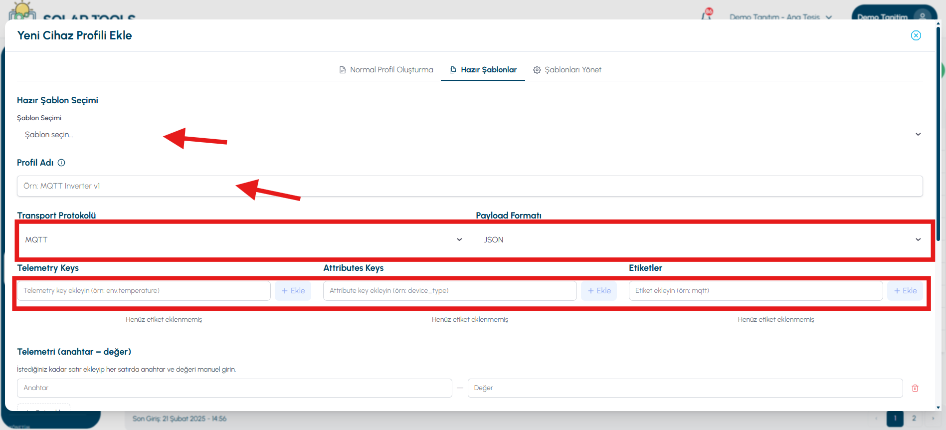 Ready-made Templates tab — template selection and profile name
