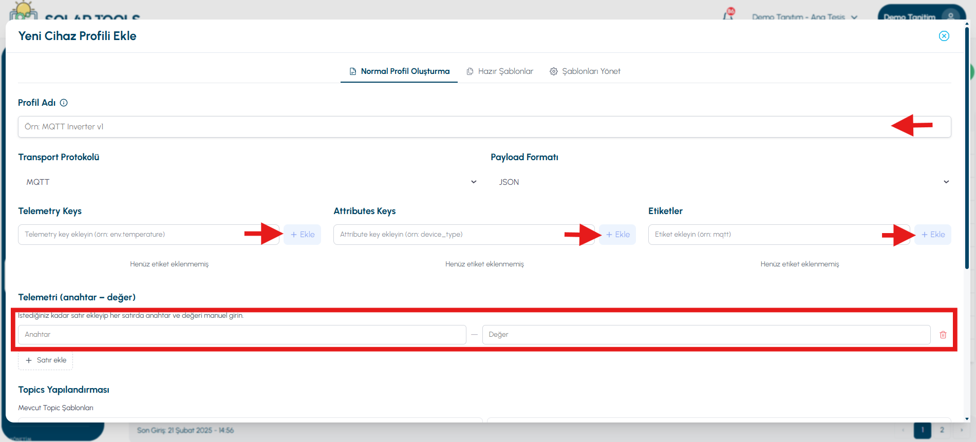 Normal Profile Creation form — Profile Name, Transport Protocol, Telemetry Keys
