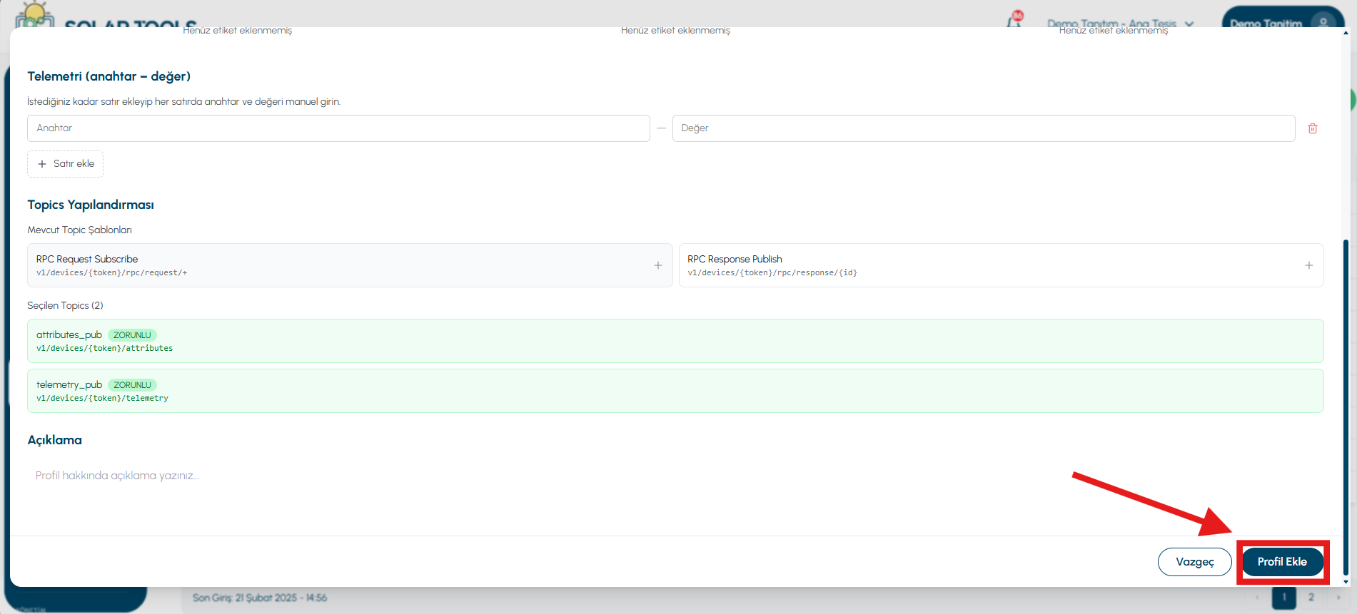 Normal Profile form continued — Topics configuration and Description