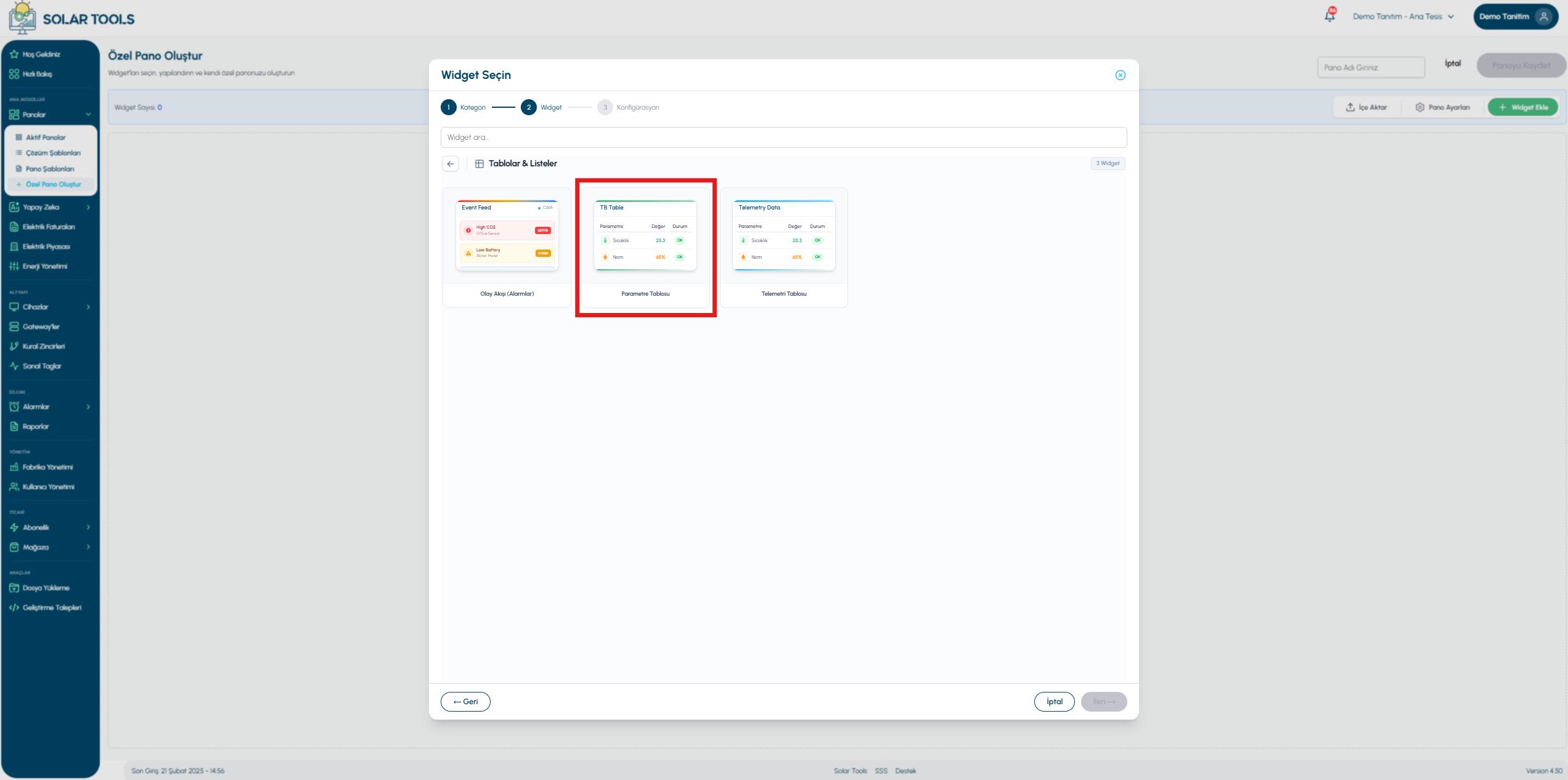 Parameter table — view 1