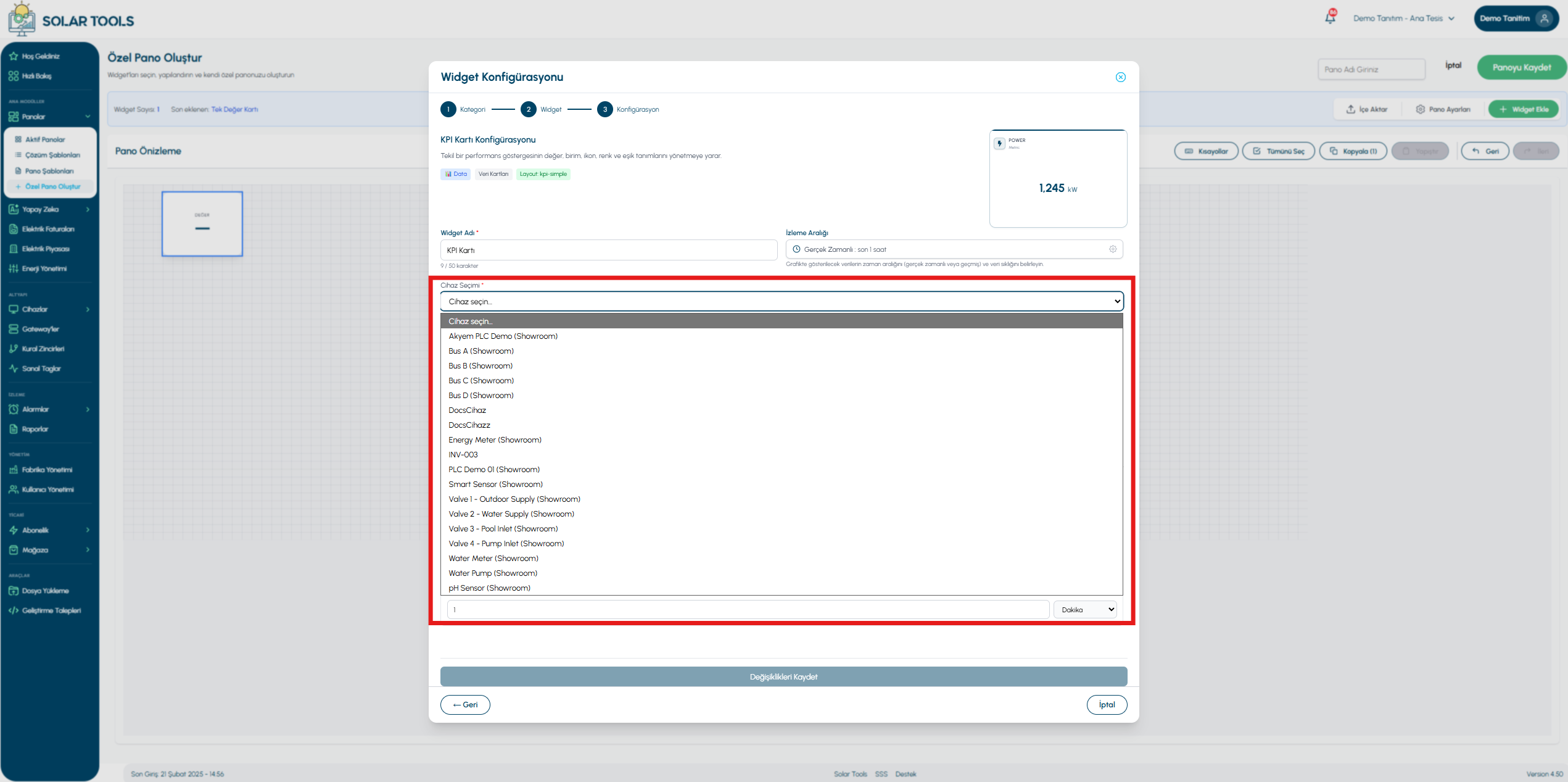 Device selection — dropdown open