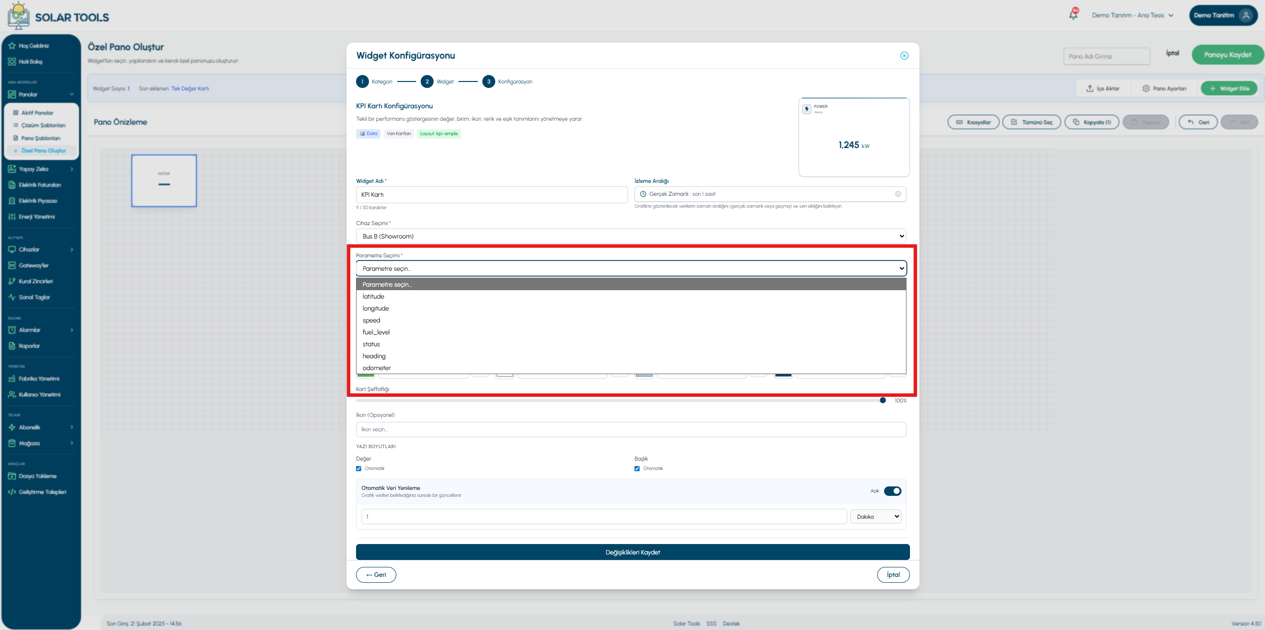 Parameter selection — dropdown open